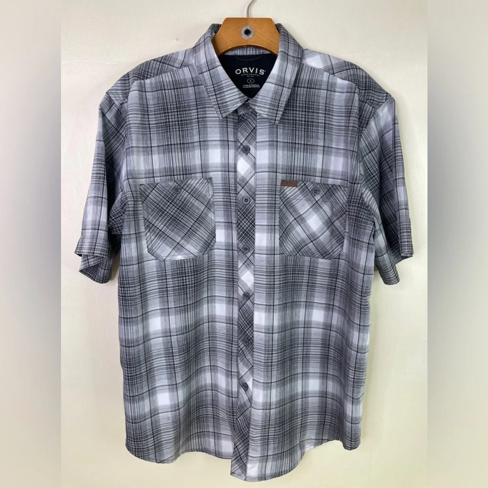 ORVIS Men’s Short Sleeve Black Gray & White Plaid Shirt Size L 100% Polyester - Picture 1 of 11